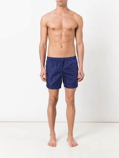 Shop Moncler Logo Plaque Swim Shorts In Blue