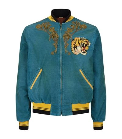 Gucci Dragon-embroidered Corduroy Cotton-blend Bomber Jacket In Blue |  ModeSens