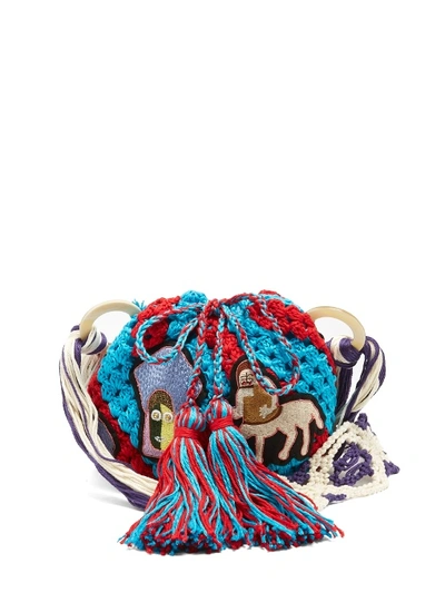 Peter Pilotto Dinosaur-appliqué Crochet-cotton Shoulder Bag In Blue Multi