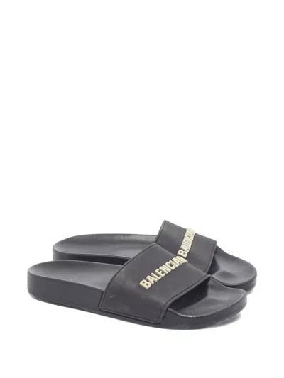 Pre-owned Balmain Flat Slides In Black