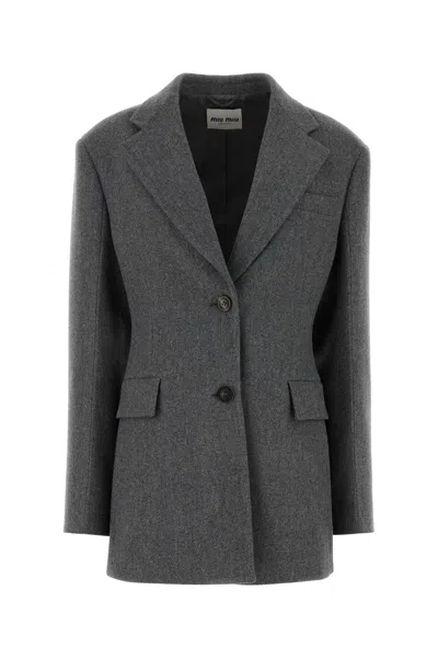 Miu Miu Single-breasted Double Wool Jacket In Gray