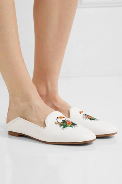 Shop Aquazzura Embroidered Leather-trimmed Raffia Slippers