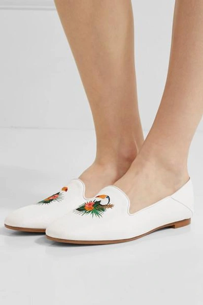 Shop Aquazzura Embroidered Leather-trimmed Raffia Slippers