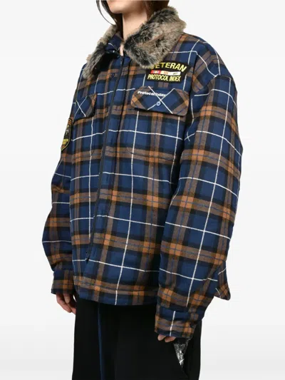 Protocol Index Check-pattern Faux-fur Collar Shirt Jacket In Multi