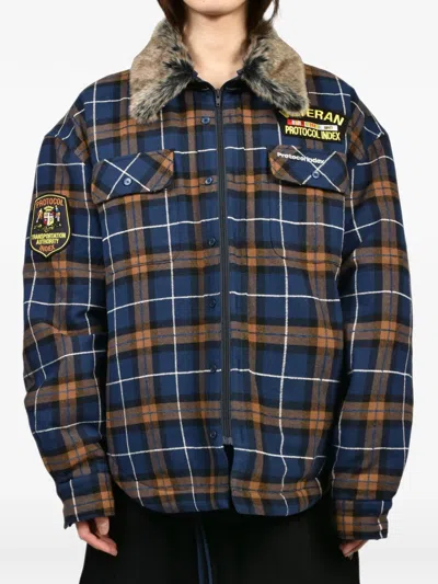 Protocol Index Check-pattern Faux-fur Collar Shirt Jacket In Multi