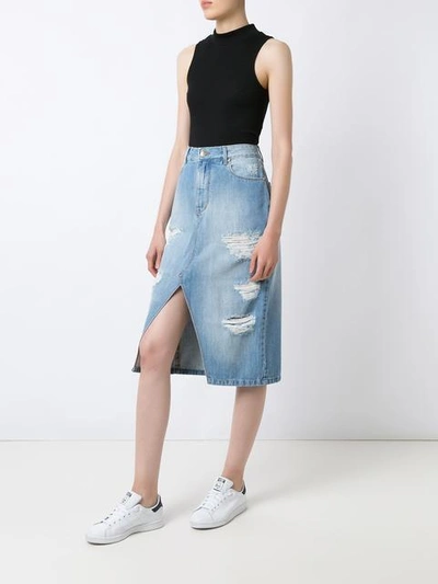 Shop Amapô Distressed Midi Denim Skirt In Blue