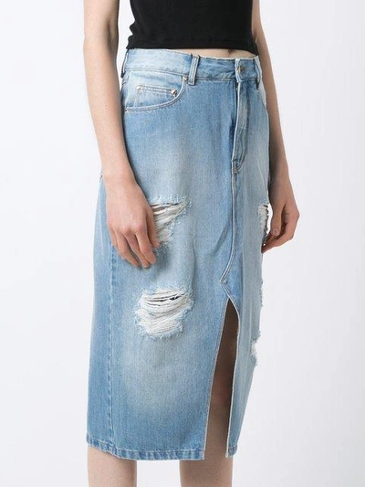 Shop Amapô Distressed Midi Denim Skirt In Blue