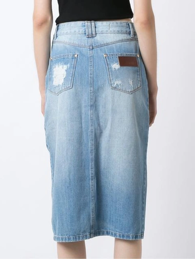 Shop Amapô Distressed Midi Denim Skirt In Blue