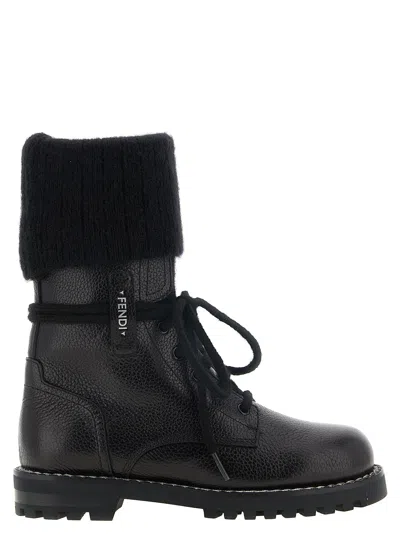 Fendi Commando Mohair-cuff Leather Boots In Multi
