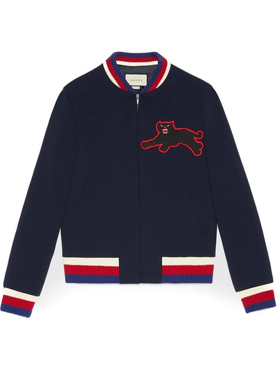 Gucci Jersey Bomber Jacket With Panther In Blue