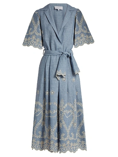 Luisa Beccaria Broderie-anglaise Linen-blend Dress In Washed-blue