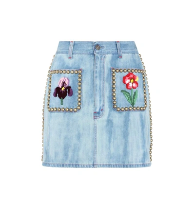 Gucci Studded & Embroidered Cotton Denim Skirt