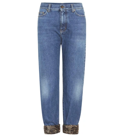 Shop Saint Laurent Sequin-trimmed Jeans In Blue