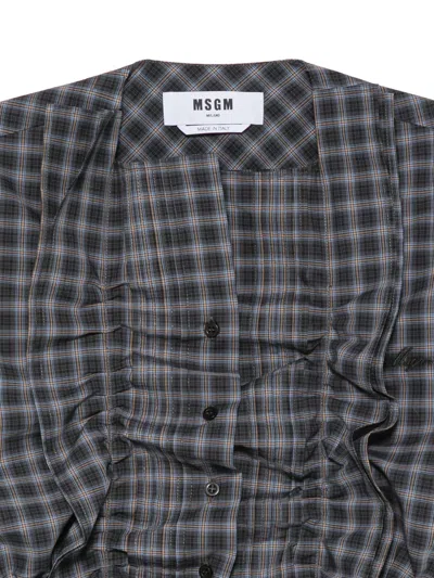 Msgm Ruffled Check Shirt In Gray