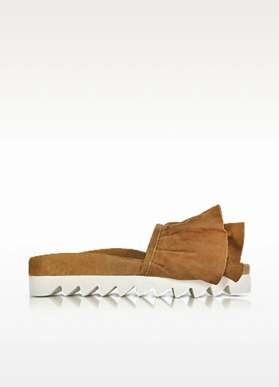 Joshua Sanders Tiered Ruffle Band Suede Slides In Tabacco