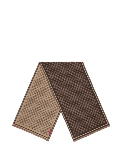 Gucci Patterned Rectangular Wool Scarf In Brown