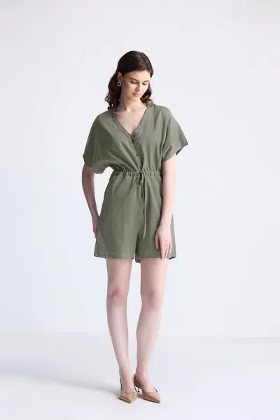 Reistor V Neck Drawstring Romper In Green