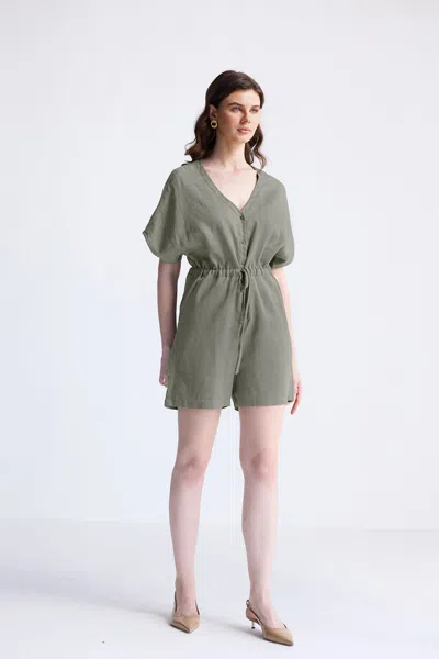 Reistor V Neck Drawstring Romper In Green
