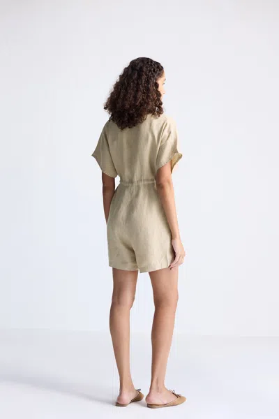 Reistor V Neck Drawstring Romper In Neutral