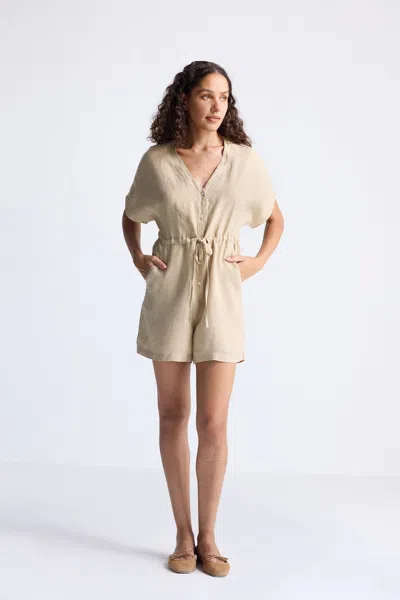 Reistor V Neck Drawstring Romper In Neutral