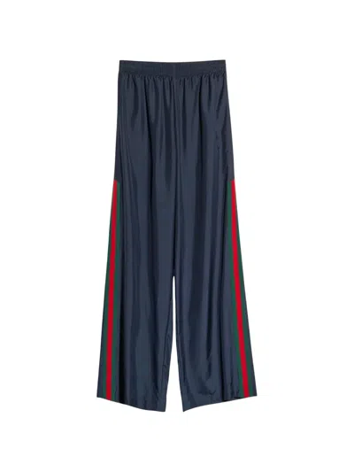 Gucci Technical Silk Poplin Pants With Web In Blue