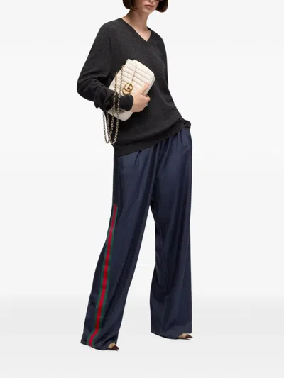 Gucci Technical Silk Poplin Pants With Web In Blue