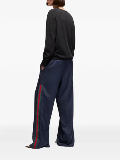 Gucci Technical Silk Poplin Pants With Web In Blue