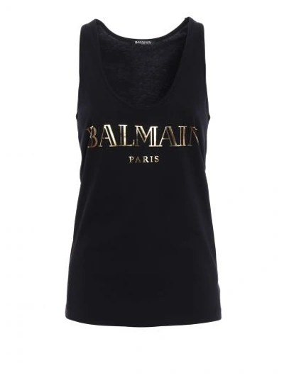 Shop Balmain Gold Logo Lettering Cotton Tank Top In Black