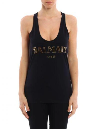 Shop Balmain Gold Logo Lettering Cotton Tank Top In Black