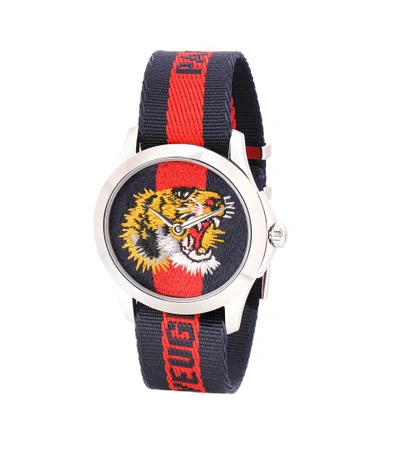 Shop Gucci Le Marché Des Merveilles 38mm Striped Fabric Watch In Red