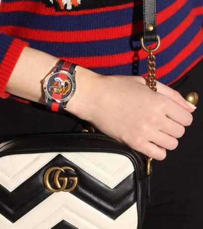 Shop Gucci Le Marché Des Merveilles 38mm Striped Fabric Watch In Red