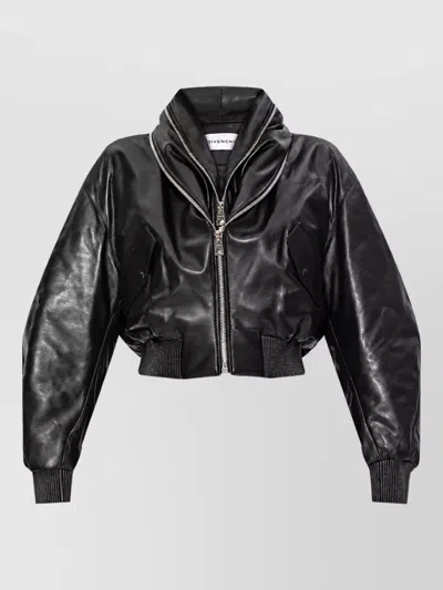 Givenchy Lambskin Leather Shawl Collar Ribbed Bomber Jacket In Black