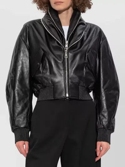 Givenchy Lambskin Leather Shawl Collar Ribbed Bomber Jacket In Black