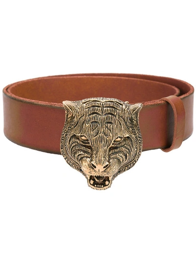 Gucci Tiger Buckle Leather Belt In Brown