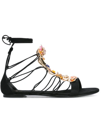Casadei Embellished Lace-up Evening Sandals In Black And Gold