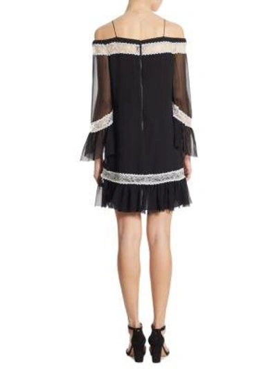 Shop Alice And Olivia Willie Cold-shoulder Bell Sleeve Silk Dress In Black White