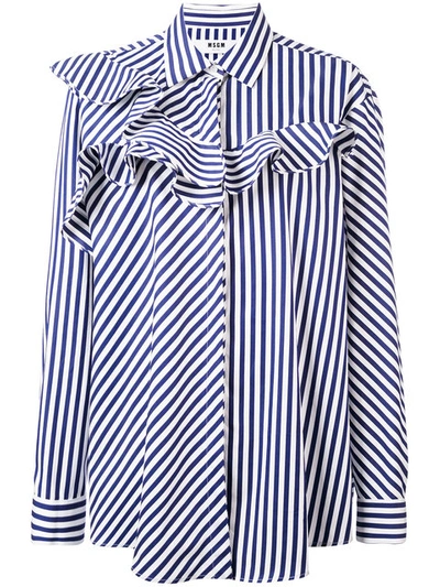 Msgm Ruffle-trimmed Striped Cotton Shirt In Navy-blue