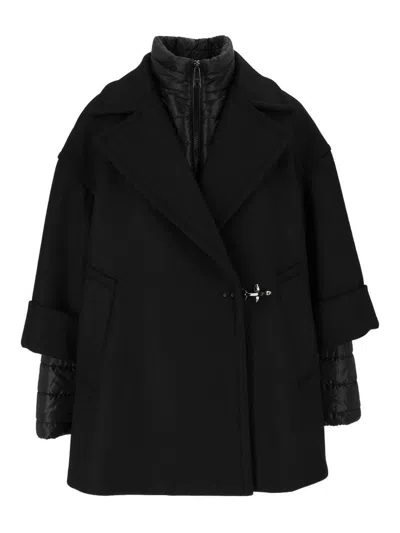 Fay Black Double-breasted Removable Down Lining Wool-blend Cape In Black