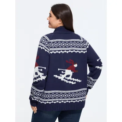 Bloomchic Ski Pattern Button Front Cardigan In Blue