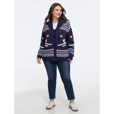Bloomchic Ski Pattern Button Front Cardigan In Blue