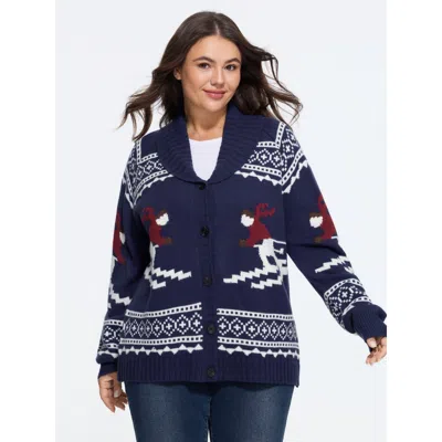 Bloomchic Ski Pattern Button Front Cardigan In Blue