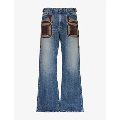 Khoki Mens Quilted-panel Denim Jeans Indigo In Blue