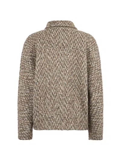 Kiton Herringbone-pattern Wool-blend Jacket In Brown