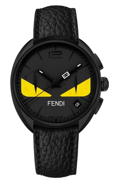 Fendi Momento Bug Chronograph Leather Strap Watch, 40mm In Black/yellow