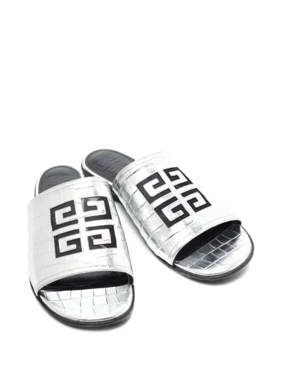 Pre-owned Givenchy 4g Croc-embossed Slides In Silver