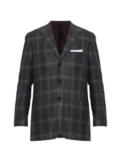 Kiton Check-pattern Blazer In Gray