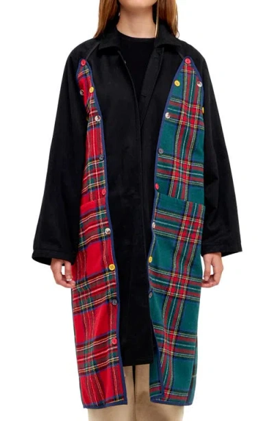 Grey Lab Reversible Check Long Coat In Black