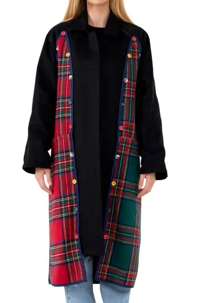Grey Lab Reversible Check Long Coat In Black