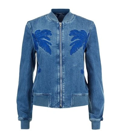 Stella Mccartney Palm Tree Embroidered Denim Bomber Jacket In Blue