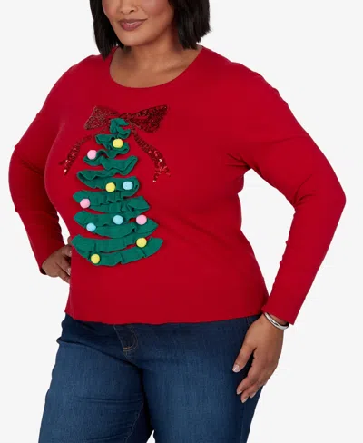 Ruby Rd. Plus Size Holiday Ruffle Crewneck Pullover In Red